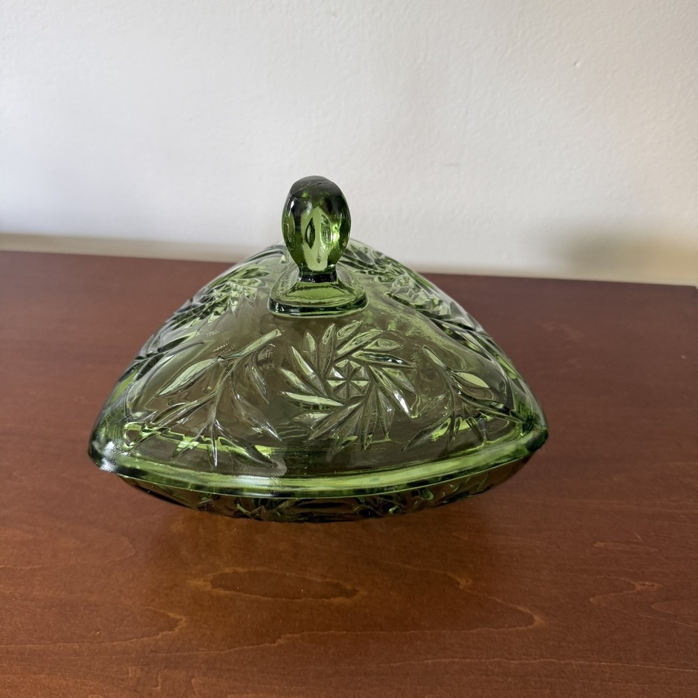Vintage Mid-Century Modern Hazel Atlas Green Triangle Glass Candy Dish w/ Lid